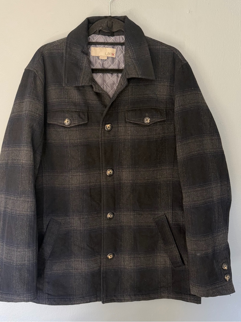 Utex Men's Lumberjack Chore Plaid Button-Up Quilted Lined Wool Blend Jacket L